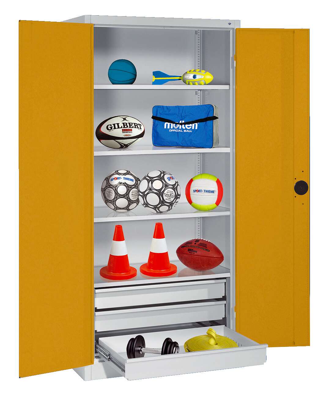 C+P Sportgeräteschrank mit Schubladen und Vollblech-Flügeltüren (Typ 4), HxBxT 195x120x50 cm, Ergo-Lock Muldengriff, Goldgelb (RAL 1004), Anthrazit (RAL 7021), Einzelschließung Unkategorisiert online kaufen C+P Sportgeräteschrank mit Schubladen und Vollblech-Flügeltüren (Typ 4), HxBxT 195x120x50 cm, Ergo-Lock Muldengriff, Goldgelb (RAL 1004), Anthrazit (RAL 7021), Einzelschließung Unkategorisiert online kaufen