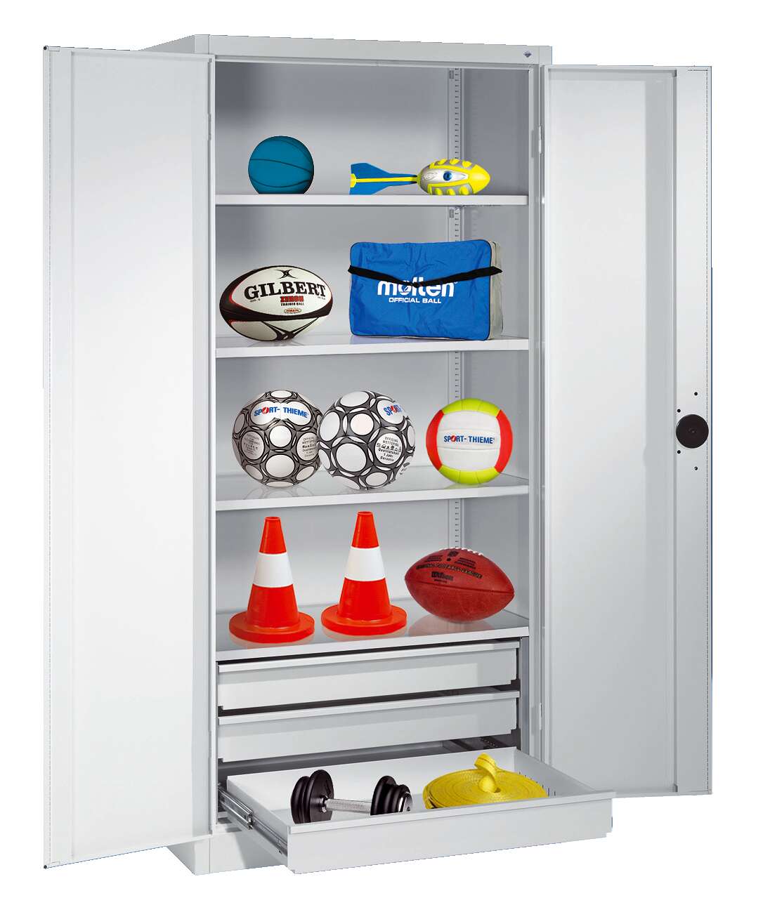 C+P Sportgeräteschrank mit Schubladen und Vollblech-Flügeltüren (Typ 4), HxBxT 195x120x50 cm, Klinkengriff, Gleichschließung Unkategorisiert online kaufen C+P Sportgeräteschrank mit Schubladen und Vollblech-Flügeltüren (Typ 4), HxBxT 195x120x50 cm, Klinkengriff, Gleichschließung Unkategorisiert online kaufen