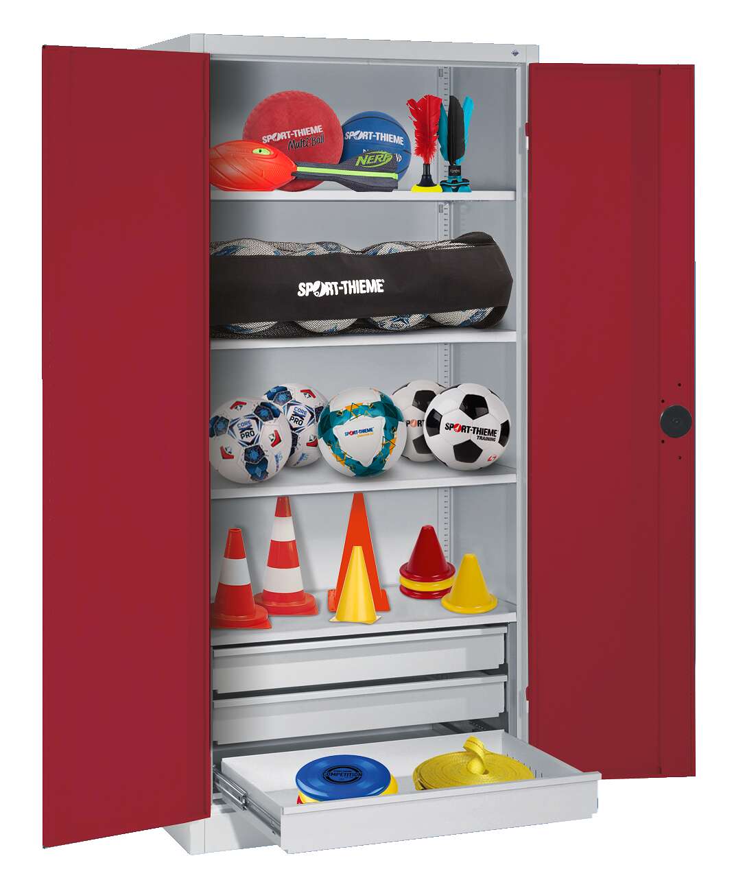C+P Sportgeräteschrank mit Schubladen und Vollblech-Flügeltüren (Typ 4), HxBxT 195x120x50 cm, Rubinrot (RAL 3003), Einzelschließung Unkategorisiert online kaufen