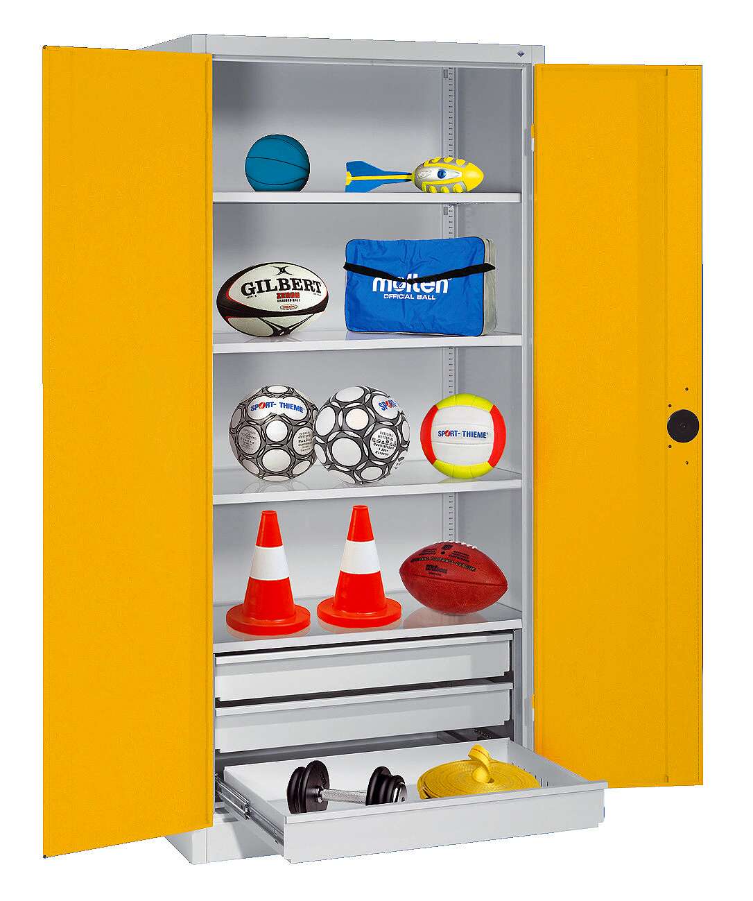 C+P Sportgeräteschrank mit Schubladen und Vollblech-Flügeltüren (Typ 4), HxBxT 195x120x50 cm, Verkehrsgelb (RAL 1023), Gleichschließung Unkategorisiert online kaufen