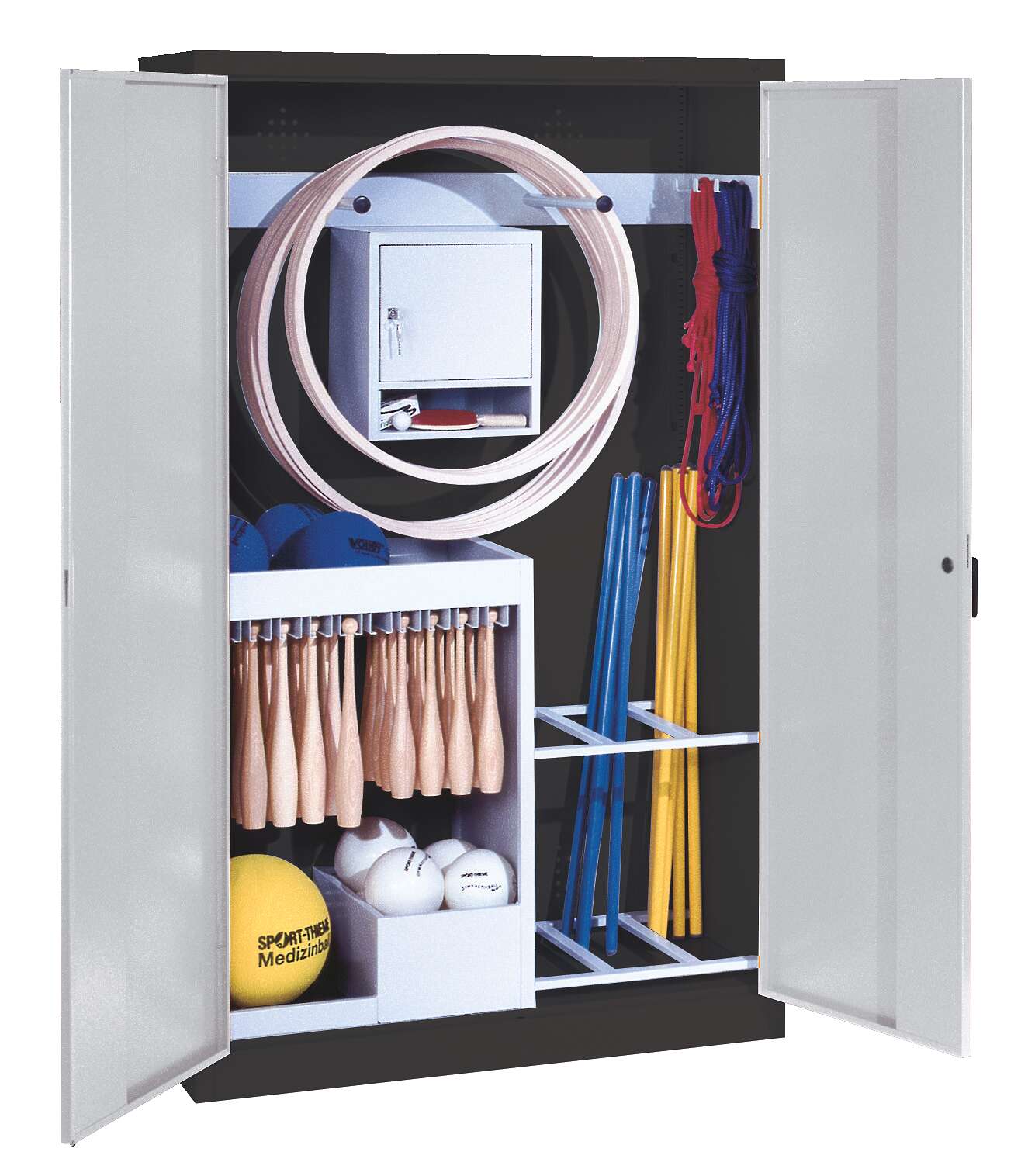 C+P Sportgeräteschrank mit Vollblech-Flügeltüren (Typ 1), HxBxT 195x120x50 cm, Lichtgrau (RAL 7035), Ergo-Lock Muldengriff, Anthrazit (RAL 7021), Einzelschließung Unkategorisiert online kaufen