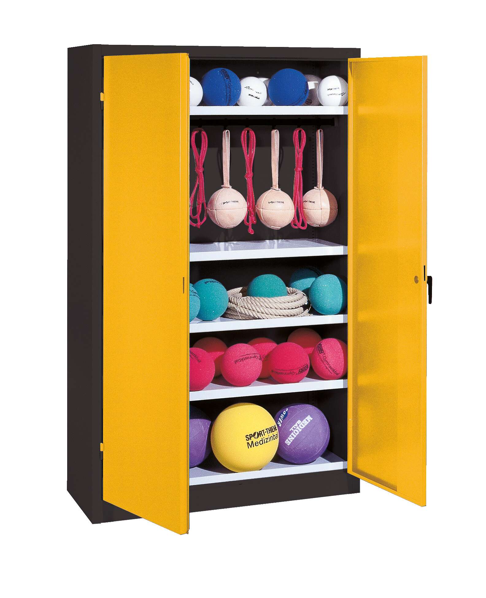 C+P Sportgeräteschrank mit Vollblech-Flügeltüren (Typ 2), HxBxT 195x120x50 cm, Ergo-Lock Muldengriff, Goldgelb (RAL 1004), Anthrazit (RAL 7021), Gleichschließung Unkategorisiert online kaufen