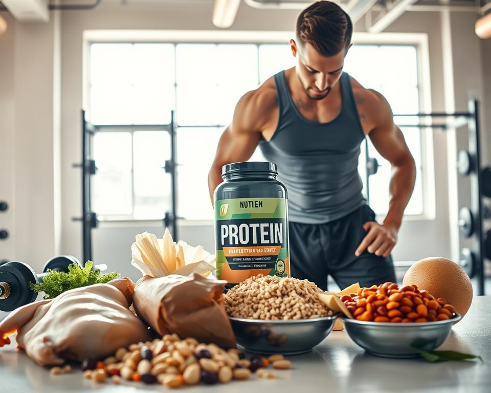 A dynamic scene showcasing a fit athlete in a modern gym environment focused on protein supplementation. In the foreground, the athlete, wearing a fitted workout shirt and shorts, is intensely examining a high-quality protein powder container, highlighting the importance of protein for muscle growth. The middle ground features a variety of protein-rich foods, like chicken, quinoa, and legumes, artfully arranged on a clean surface. The background features gym equipment, such as dumbbells and a squat rack, illuminated by bright, natural light streaming through large windows, creating an energetic and motivational atmosphere. The angle should be slightly low to emphasize the athlete's dedication and the nutritious aspects of the scene, invoking a sense of determination and focus on optimal nutrition.