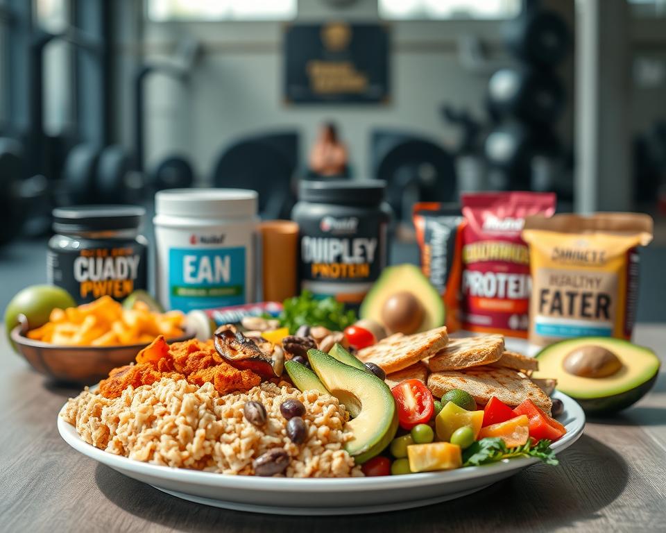 A vibrant and informative composition illustrating macronutrients for athletes, featuring a well-balanced plate in the foreground. The plate includes colorful portions of carbohydrates like brown rice and sweet potatoes, lean proteins such as grilled chicken and legumes, and healthy fats represented by sliced avocados and nuts. In the middle ground, a selection of sports nutrition supplements like protein powder and energy bars are artistically arranged around the plate. The background showcases a blurred gym setting, emphasizing an active lifestyle atmosphere. Soft, natural lighting highlights the freshness of the food, casting gentle shadows for depth. The overall mood is energetic and motivating, conveying a sense of health and vitality essential for sports performance.
