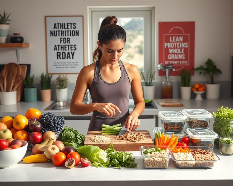 A vibrant kitchen scene showcasing optimal nutrition for athletes in daily life. In the foreground, a well-organized countertop displays a variety of fresh fruits, vegetables, lean proteins, and whole grains, arranged in colorful sections. A focused athlete, dressed in modest activewear, is preparing a meal with precise movements, illustrating meal prep techniques. In the middle, a wooden cutting board holds sliced vegetables and grains, while meal prep containers are artfully arranged, filled with balanced portions. The background features a sunlit kitchen with potted herbs and motivational posters about nutrition. Soft, natural lighting streams through the window, creating a warm and inviting atmosphere. The overall mood is inspiring and healthy, encouraging the viewer to adopt athletic nutrition habits effortlessly.