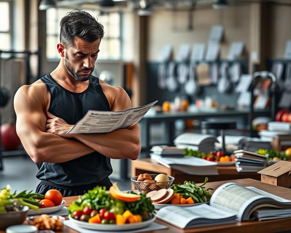 A visually striking composition illustrating the concept of "Why Nutrition Fails Despite a Good Plan." In the foreground, a close-up of a frustrated athlete in professional workout attire, examining a complex meal plan with a furrowed brow and crossed arms, embodying confusion and determination. In the middle ground, a tabletop displaying healthy meal options arranged neatly, contrasting with a chaotic kitchen backdrop filled with unopened nutrition books and scattered food items. The background features a blurred gym environment, evoking a sense of ambition and focus. Soft, natural lighting illuminates the scene, enhancing the athlete's furrowed brow and the vibrant colors of the food. The atmosphere is one of introspection and challenge, emphasizing the struggle between good intentions and real-life difficulties in maintaining optimal nutrition.